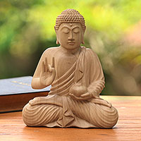 Wood sculpture, 'Buddha's Vessel' - Hand-Carved Wood Sculpture of Buddha Holding a Vessel