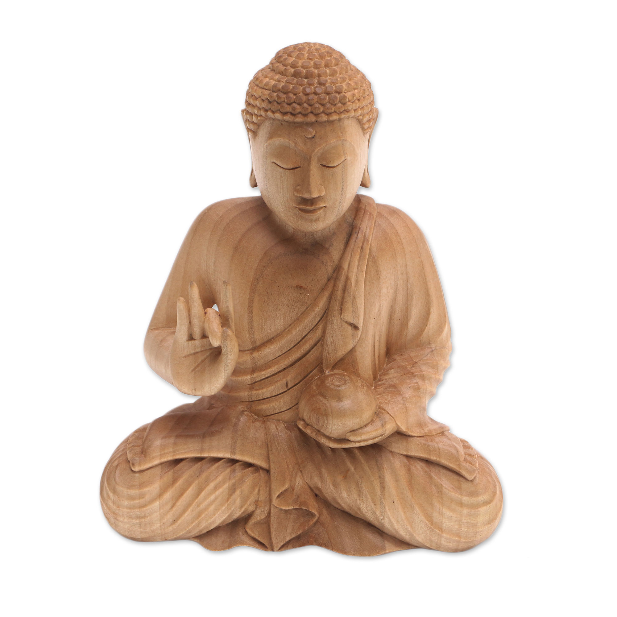 Hand-Carved Wood Sculpture of Buddha Holding a Vessel - Buddha's Vessel ...