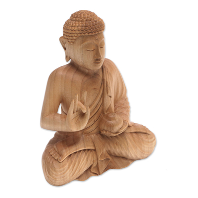Holzskulptur - Handgeschnitzte Holzskulptur eines Buddha, der ein Gefäß hält