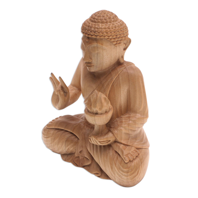 Holzskulptur - Handgeschnitzte Holzskulptur eines Buddha mit Feuer