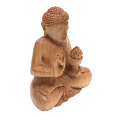 Holzskulptur - Handgeschnitzte Holzskulptur eines Buddha mit Feuer