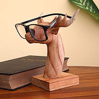 Wood eyeglasses holder, 'Studious Deer' - Jempinis Wood Deer Eyeglasses Holder from Bali