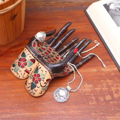 Batik wood ring holder, 'Beautiful Hands' - Floral Batik Wood Ring Holder from Java