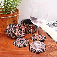 Batik wood coasters, 'Hexagon Batik' (set of 6)