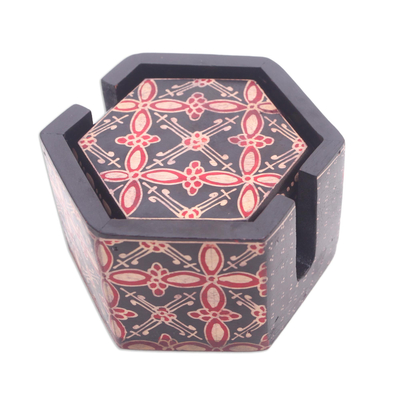 Batik wood coasters, 'Hexagon Batik' (set of 6) - Truntum Motif Batik Wood Coasters from Java (Set of 6)