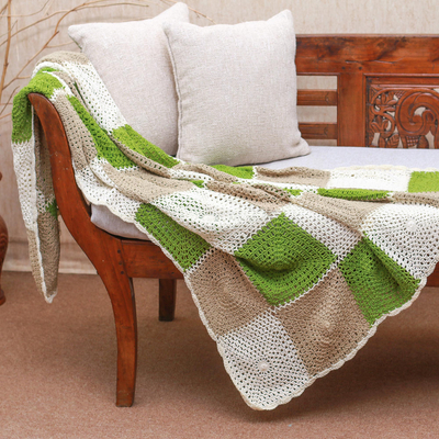 Crocheted cotton throw, 'Square Petals' - Square Pattern Crocheted Cotton Throw Blanket