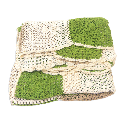 Crocheted cotton throw, 'Square Petals' - Square Pattern Crocheted Cotton Throw Blanket