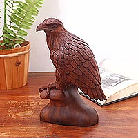 Hand-Carved Suar Wood Eagle Sculpture from Bali,'Noble Eagle'