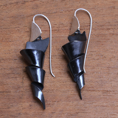Sterling silver and copper dangle earrings, 'Dark Ribbon Spiral' - Sterling Silver and Dark Copper Spiral Dangle Earrings