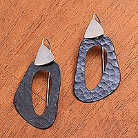 Sterling silver and copper dangle earrings, 'Dark Lakes' - Abstract Sterling Silver and Dark Copper Dangle Earrings