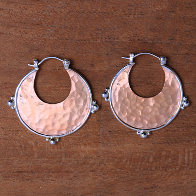 Rose gold plated copper and sterling silver hoop earrings, 'Caretaker of Beauty' - 18k Rose Gold Plated Copper and Sterling Silver Earrings