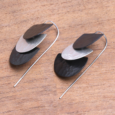 Sterling silver and copper dangle earrings, 'Dark Modern Sunset' - Semicircular Sterling Silver and Dark Copper Dangle Earrings