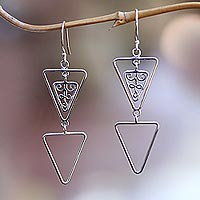 Sterling silver dangle earrings, 'Gorgeous Triangles' - Triangular Sterling Silver Dangle Earrings from Bali