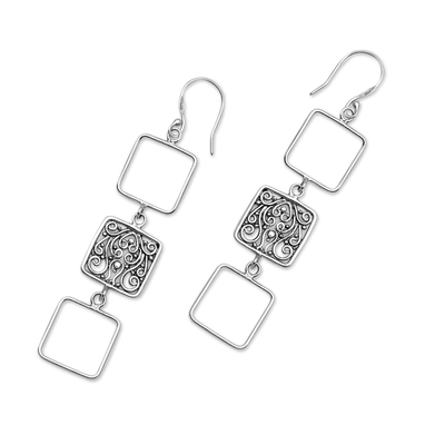 Sterling silver dangle earrings, 'Gorgeous Squares' - Square Sterling Silver Dangle Earrings from Bali