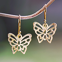 Pendientes colgantes de plata de ley bañados en oro, 'Butterfly Gold' - Pendientes colgantes de mariposa de plata de ley bañados en oro de 18k