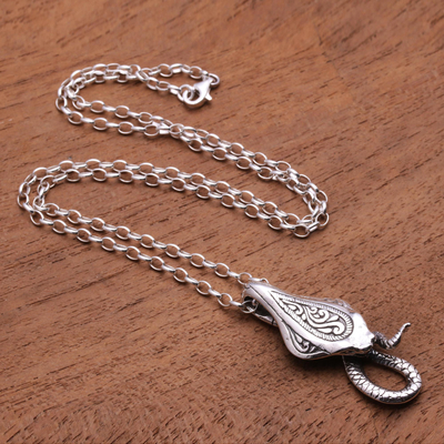 Men's sterling silver pendant necklace, 'Mighty Cobra' - Men's Sterling Silver Cobra Snake Pendant Necklace from Bali