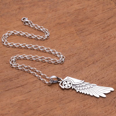 Men's sterling silver pendant necklace, 'Wing of Wisdom' - Men's Sterling Silver Wing Pendant Necklace from Bali