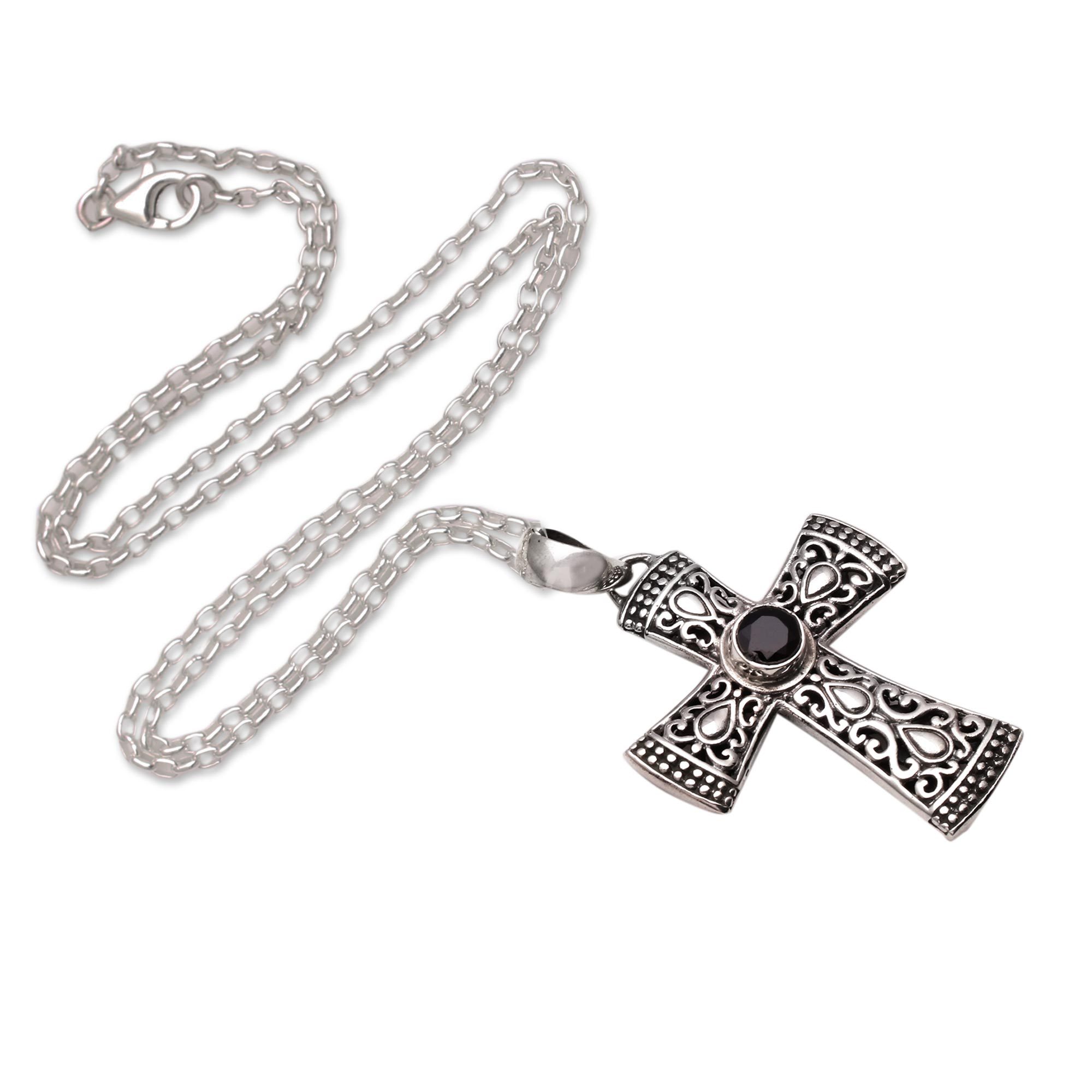 Men's Black Onyx Cross Necklace from Bali Salvation NOVICA