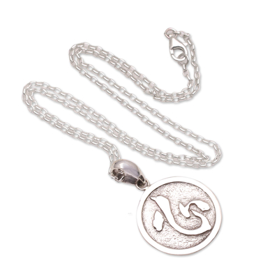 Men's sterling silver pendant necklace, 'Kokoro Coin' - Japanese Symbol Men's Sterling Silver Pendant Necklace