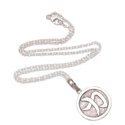 Men's sterling silver pendant necklace, 'Chikara Coin' - Men's Japanese Symbol Sterling Silver Pendant Necklace