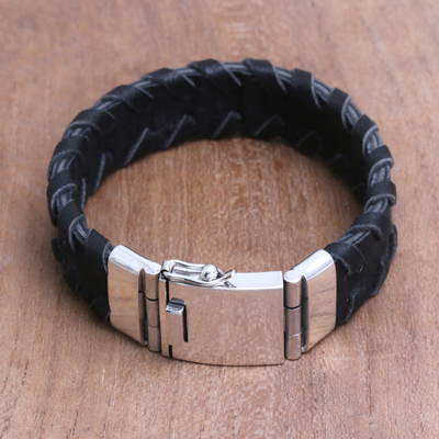 Mens leather wristband bracelet, Bali Pattern in Black