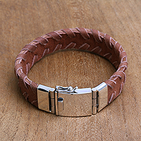 Men's leather wristband bracelet, 'Bali Pattern in Brown'