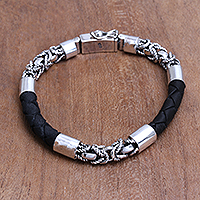 Mens sterling silver and leather bracelet, Strong Bond in Black