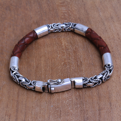 Men's sterling silver and leather bracelet, 'Strong Bond in Brown' - Men's Sterling Silver and Leather Bracelet in Brown