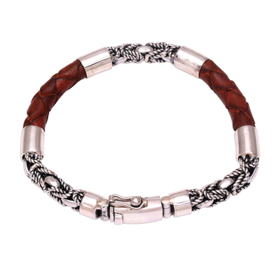 Men's sterling silver and leather bracelet, 'Strong Bond in Brown' - Men's Sterling Silver and Leather Bracelet in Brown