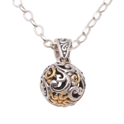Gold accented sterling silver pendant necklace, 'Forest Orb' - Swirl Pattern Gold Accented Sterling Silver Pendant Necklace
