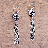 Sterling silver waterfall earrings, 'Forest Orbs' - Swirl Pattern Sterling Silver Chandelier Earrings from Bali