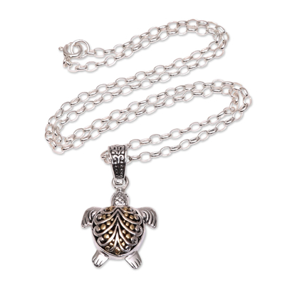 Gold accented sterling silver pendant necklace, 'Sea Turtle Magic' - Sea Turtle Gold Accented Sterling Silver Pendant Necklace