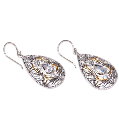 Gold accented blue topaz dangle earrings, 'Hidden Jungle' - Leaf Motif Gold Accented Blue Topaz Dangle Earrings