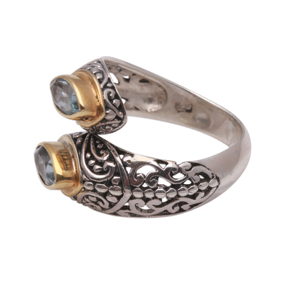 Gold accented blue topaz wrap ring, 'Double Marquise' - Gold Accented Blue Topaz Wrap Ring from Bali
