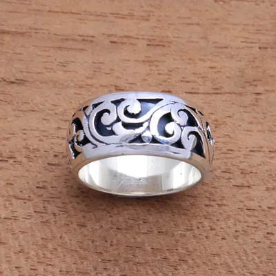 Sterling silver band ring, 'Ancient Vine' - Vine Pattern Sterling Silver Band Ring from Bali