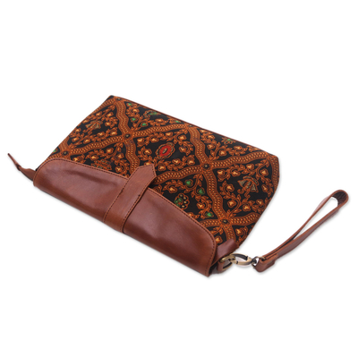 Leather accented batik cotton clutch, 'Batik Classic' - Floral Leather Accented Batik Cotton Clutch from Bali