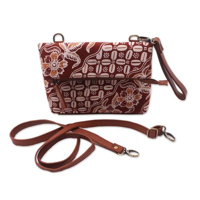 Leather accented batik cotton sling, 'Beautiful Kembang' - Kawung Motif Leather Accented Batik Cotton Sling from Bali