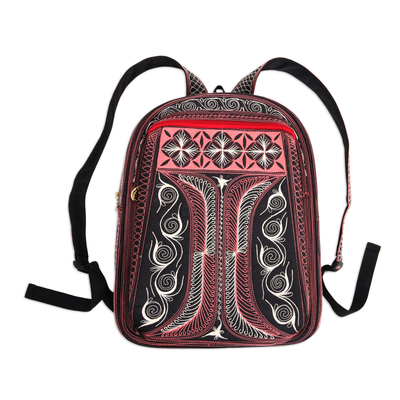 Cotton backpack, 'Carnation Crescents' - Embroidered Cotton Backpack in Carnation and Ivory