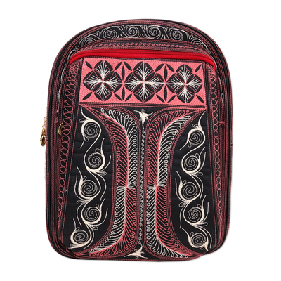 Cotton backpack, 'Carnation Crescents' - Embroidered Cotton Backpack in Carnation and Ivory