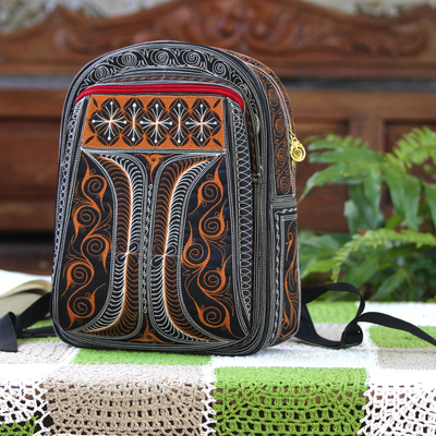 Cotton backpack, 'Sunrise Crescents' - Embroidered Cotton Backpack in Sunrise and Ivory from Bali