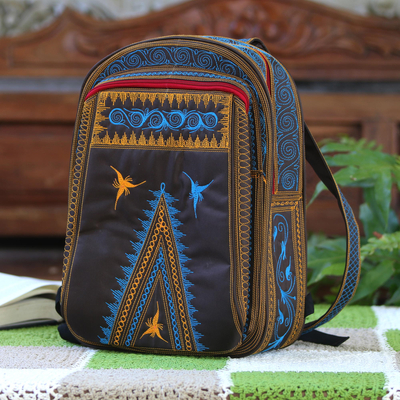 Cotton backpack, 'Banda Bay' - Embroidered Cotton Backpack in Sunrise and Teal from Bali