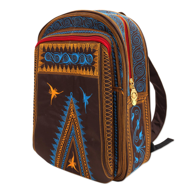Cotton backpack, 'Banda Bay' - Embroidered Cotton Backpack in Sunrise and Teal from Bali