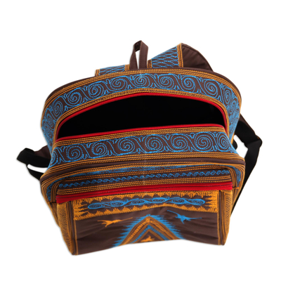 Rucksack aus Baumwolle, 'Banda Bay'. - Bestickter Baumwollrucksack mit Sonnenaufgang und Teal aus Bali