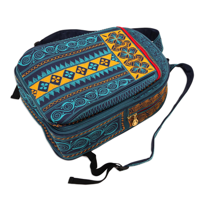 Cotton backpack, 'Teal Sultanate' - Embroidered Cotton Backpack in Teal and Saffron