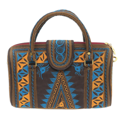 Embroidered Cotton Handle Handbag in Saffron and Teal - Banda Bay