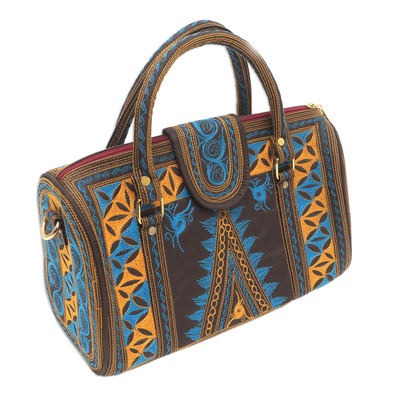 Cotton handle handbag, 'Banda Bay' - Embroidered Cotton Handle Handbag in Saffron and Teal