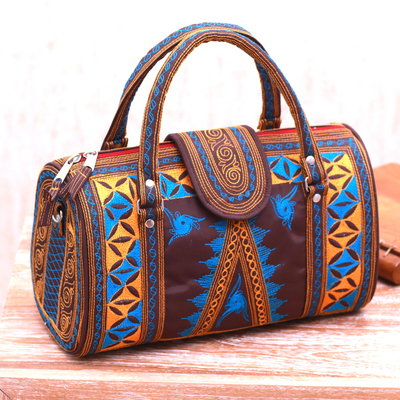 Handtasche aus Baumwolle, 'Banda Bay'. - Handtasche aus bestickter Baumwolle in Safran und Krickente