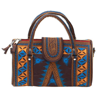 Cotton handbag, 'Banda Bay' - Embroidered Cotton Handbag in Saffron and Teal