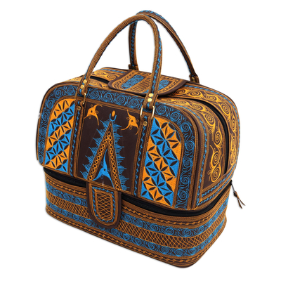 Cotton travel bag, 'Banda Bay' - Embroidered Cotton Travel Bag in Saffron and Teal from Bali
