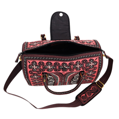 Cotton handbag, 'Carnation Crescents' (14.5 inch) - Embroidered Cotton Handbag in Carnation and Ivory (14.5 in.)